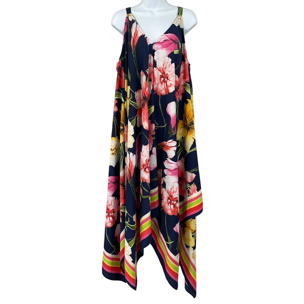 Mlle Gabrielle Midi Dress 1X Navy Floral Handkerchief Hem Boho Resort Tropical